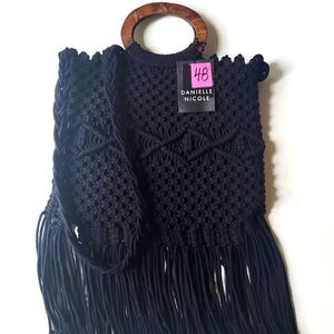 Danielle Nicole Black Macrame Tote with Wooden Handles NWT Boho Hippie